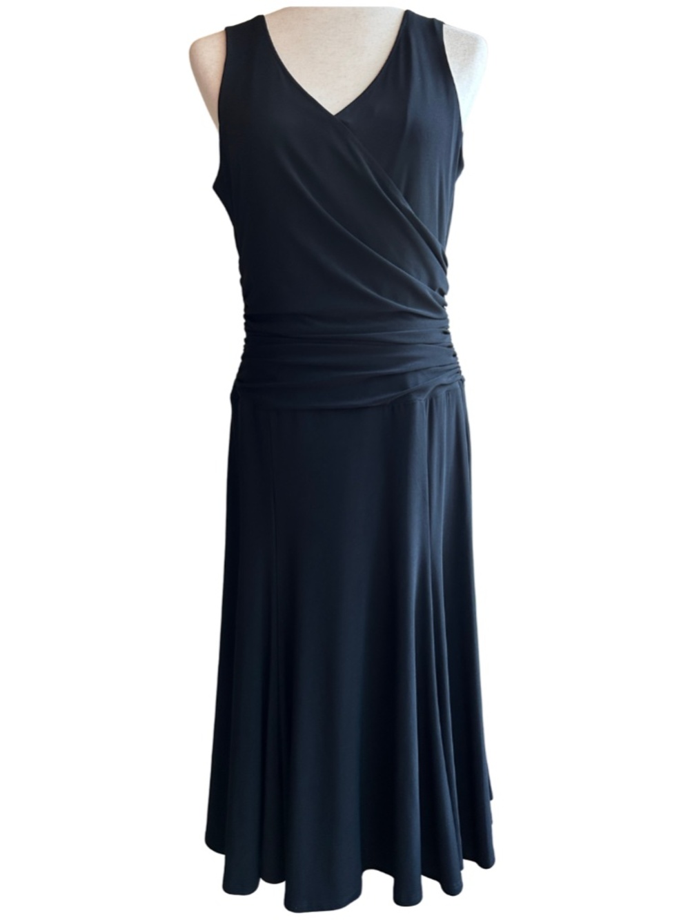 Jones New York Black Ruched Wrap Style Midi Dress Size 12 Black